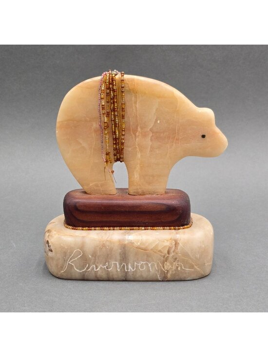 Riverwoman Other - Alabaster Bear Fetish Carving Wood Base Signed Riverwoman Numbered 4011 7" READ